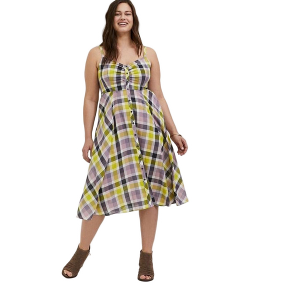 Torrid Dresses & Skirts - Torrid Plaid Challis Button Front Midi Dress Size 3 Yellow Purple